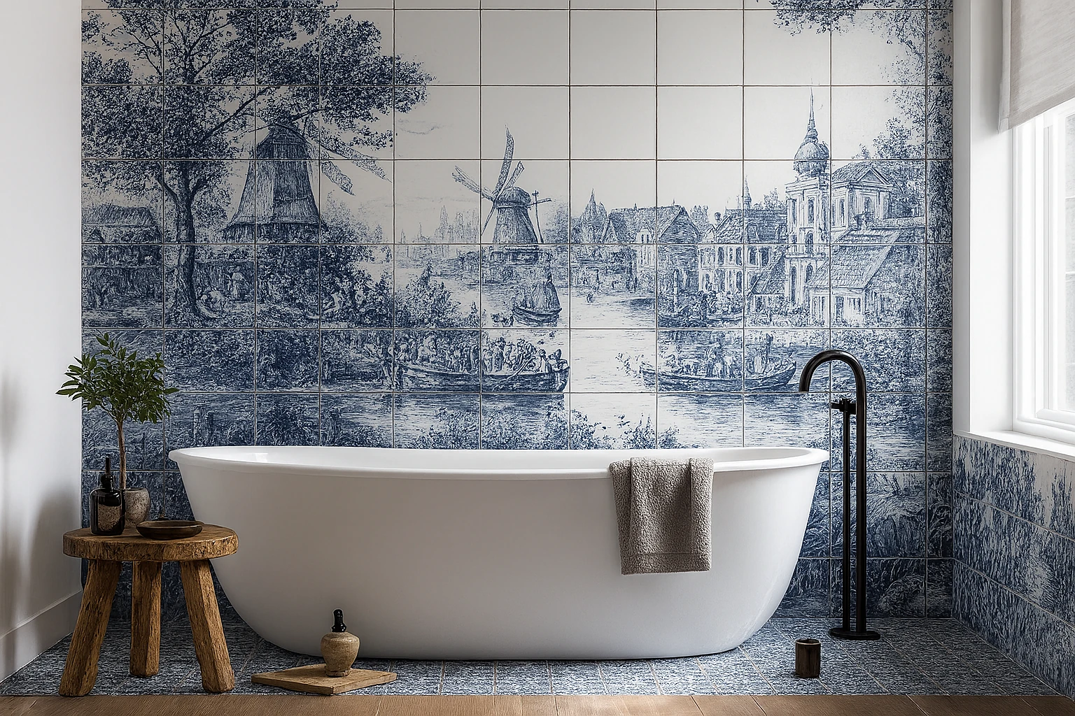 Luxury bathroom with marble-look tiles and seamless grout lines