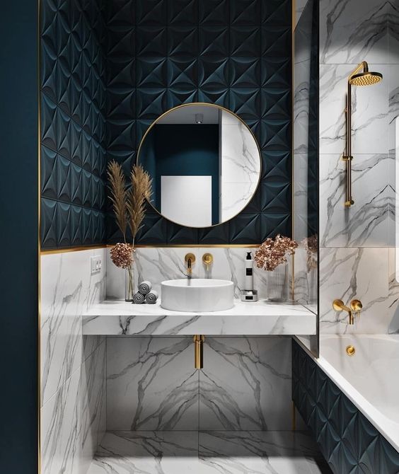 a bright bathroom with teal panels white marble and gold hardware is a very chic and bold idea 1